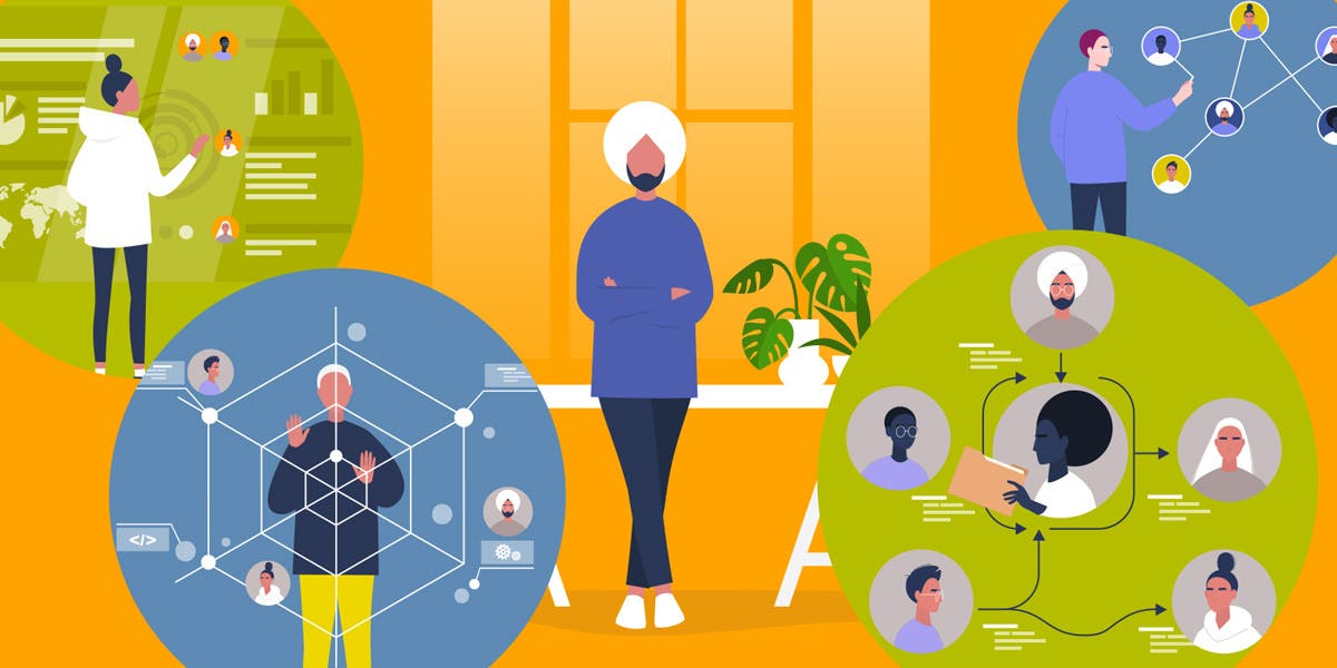illustrations of five bubbles with images representing the five CEO leadership personas discussed in this blog: for example, the Talent Architect CEO persona includes a leader connecting people's faces in a grid to symbolize how this role works to leverage talent to strengthen the organization