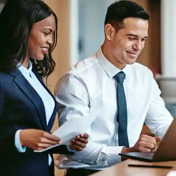 diverse business professionals looking at a computer together, all smiling ?fm=webp&q=15