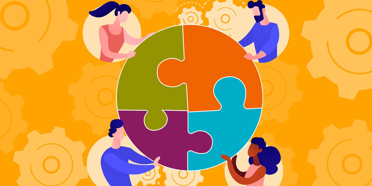 illustration of different leaders, each with their hands on a different puzzle piece that fits together, to show this blog is about how to identify the essential frontline manager competencies