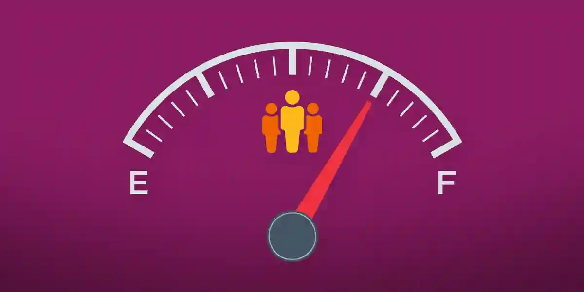 cartoon speedometer with empty on one side and full on the other, with cartoon leaders in the middle showing that following diversity and inclusion best practices will take your program from empty to full