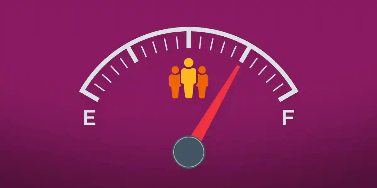 cartoon speedometer with empty on one side and full on the other, with cartoon leaders in the middle showing that following diversity and inclusion best practices will take your program from empty to full