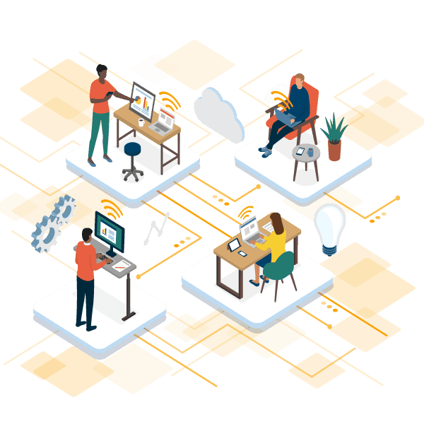 illustration of a hybrid workplace showing 4 different images of people working in different atmospheres, one person at standing desk, on person at a traditional desk, on person giving a remote presentation, and another person sitting casually on a chair working?auto=format&q=75