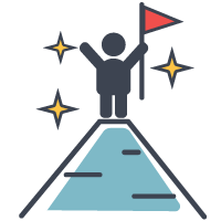 A person icon on the top of a mountain, hands in the air, excited they made it to the top, to show goal-oriented coaching is a type of coaching in the workplace.