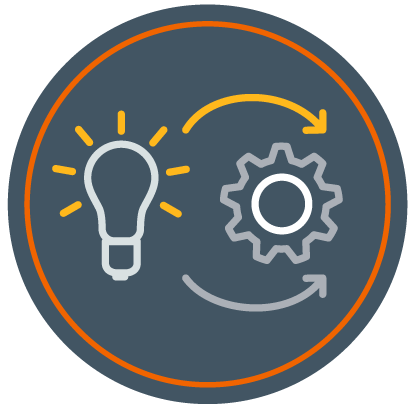 an icon of a lightbulb with arrows pointing to a gear, as ideas and best practices for how to successfully implement your leadership development program is one section of DDI's Ultimate Guide to Leadership Development