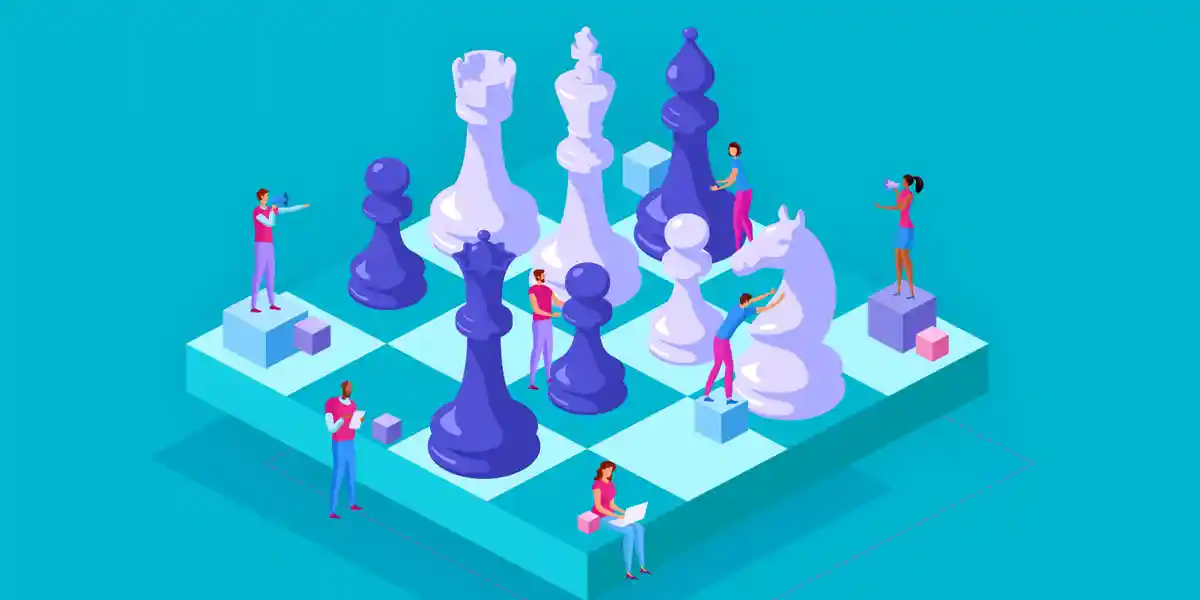 chess board with chess pieces and animated people "pieces" to show how important context is when it comes to your learning and development strategy