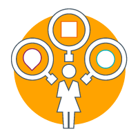 icon of a woman business professional surrounded by magnifying glasses with different shapes to show this best practice for how to create a learning journey is that it is personalized for the leader