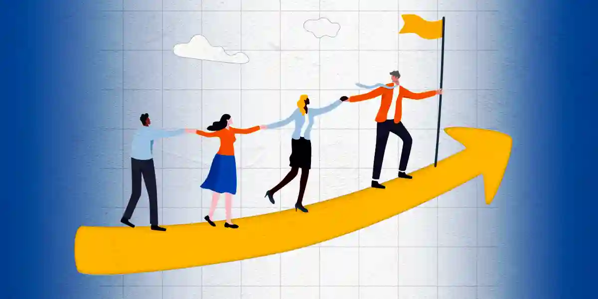 Quatre leaders vêtus de vêtements colorés escaladent une flèche jaune pointant vers le haut. Le leader avant tend la main vers l’arrière pour attraper la main d’une personne et il porte un drapeau jaune pour représenter la définition du leadership.