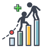 Two people icons, one leading the other to the top of a bar graph trending upward to show adult development coaching is a type of coaching in the workplace.