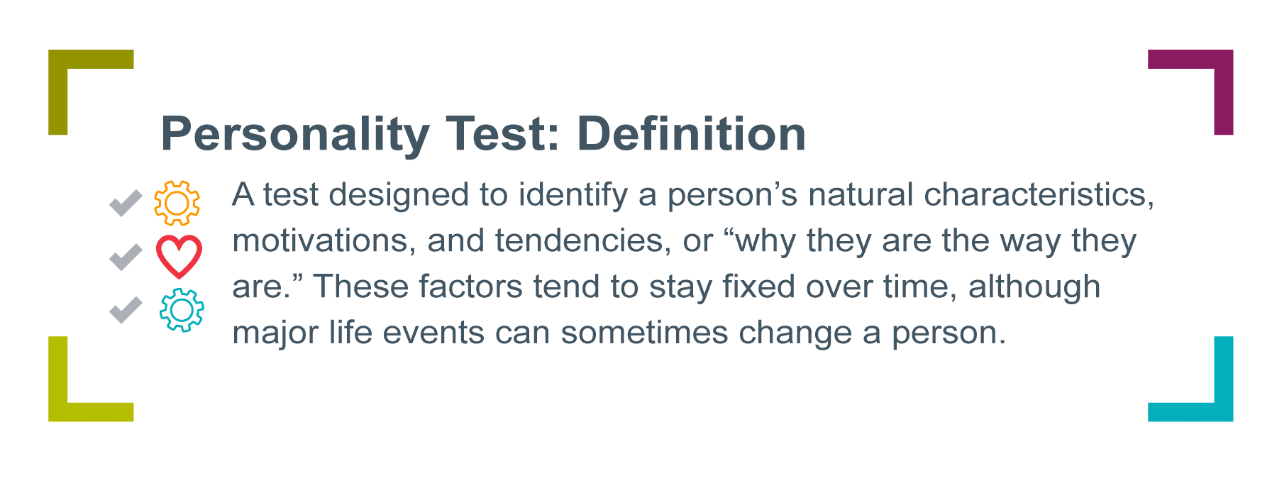 Graphic of the definition of a personality test for leaders. Includes icons of two gears and heart, each with checkmarks by them. text says