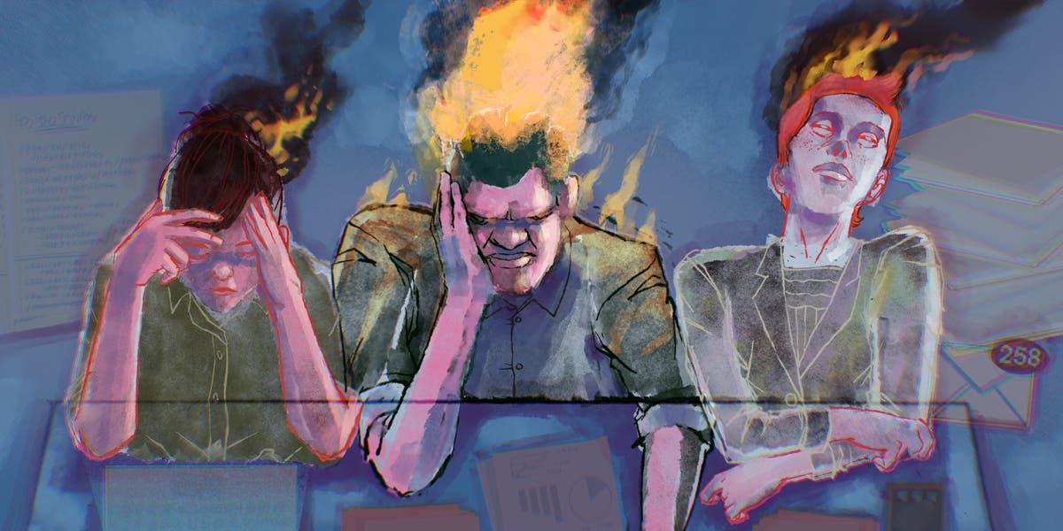 Three people, slumped over, with flames emerging from their heads, who are visibly affected by the effects of burnout culture. 