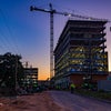 A view of building with the sunrise