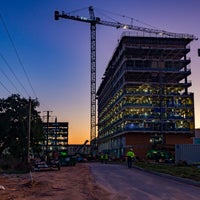 A view of building with the sunrise