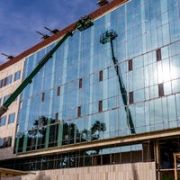 Crane installing windows at Bear Family Foundation Health Center.