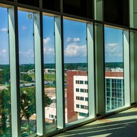 Interior view of inside of new hospital looking out of window.