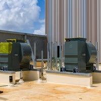 Top of new campus roof with machinery.