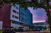 Evening time of exterior of new campus.