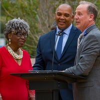 Cornerstone Ceremony -- Retired Team Member Eleanor Washington with Brian Wyer and Mark Faulkner