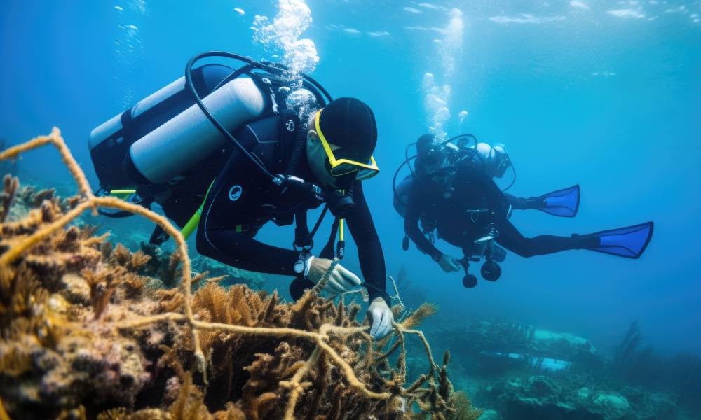 Marine scientist taking reef sample Great Barrier reef.jpg
