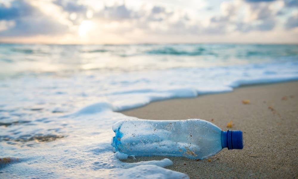 Used plastic water bottle washed up on the shore of a tropical beach, highlighting the worldwide crisis of plastic pollution on even the most remote islands.jpeg