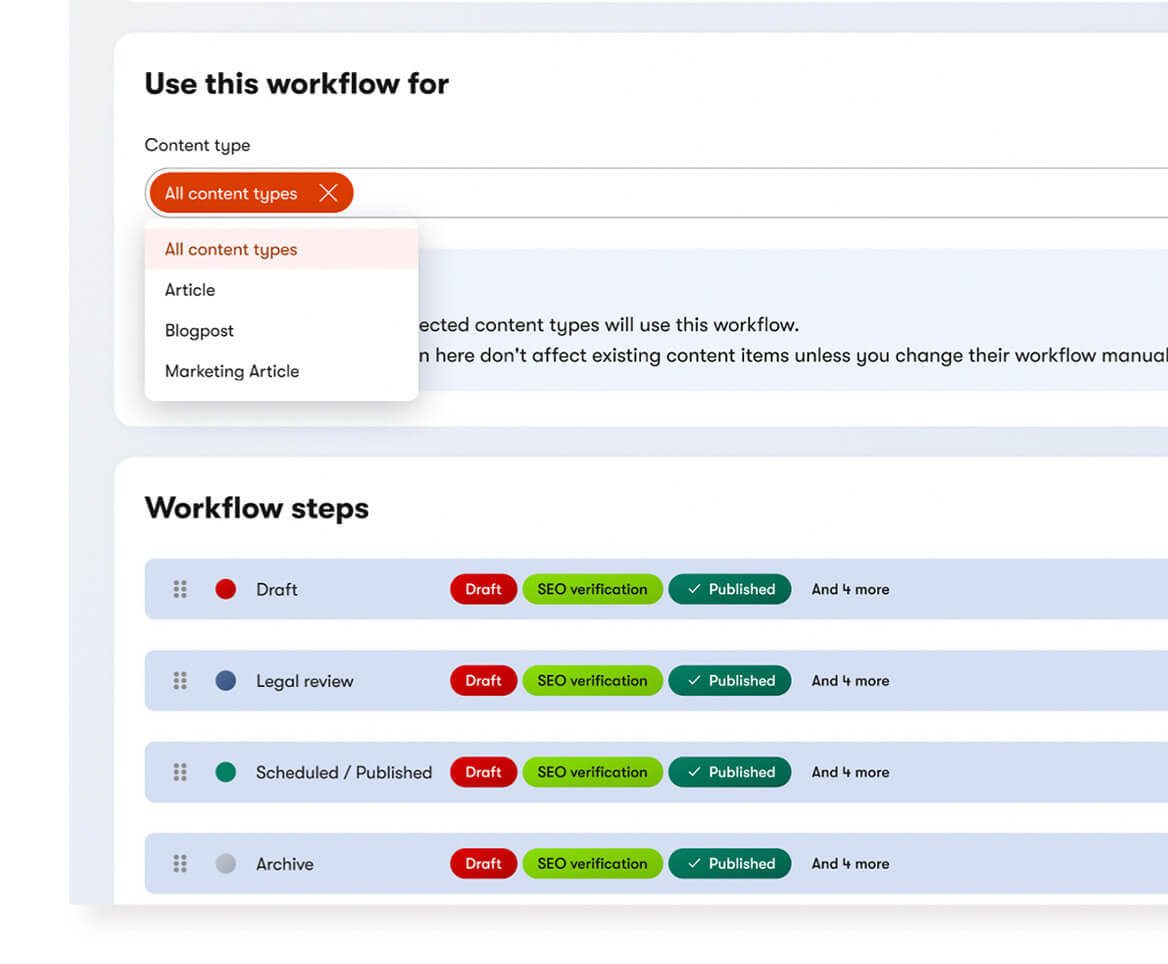 Selecting the content type for a specific workflow in Kontent by Kentico.