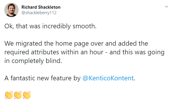 Richard Shackleton's tweet: "We migrated the home page over and added the required attributes within an hour."
