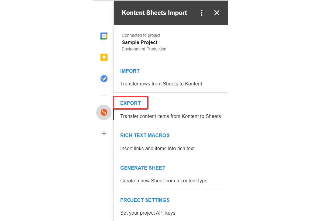 Transfer content items from Kontent to Sheets