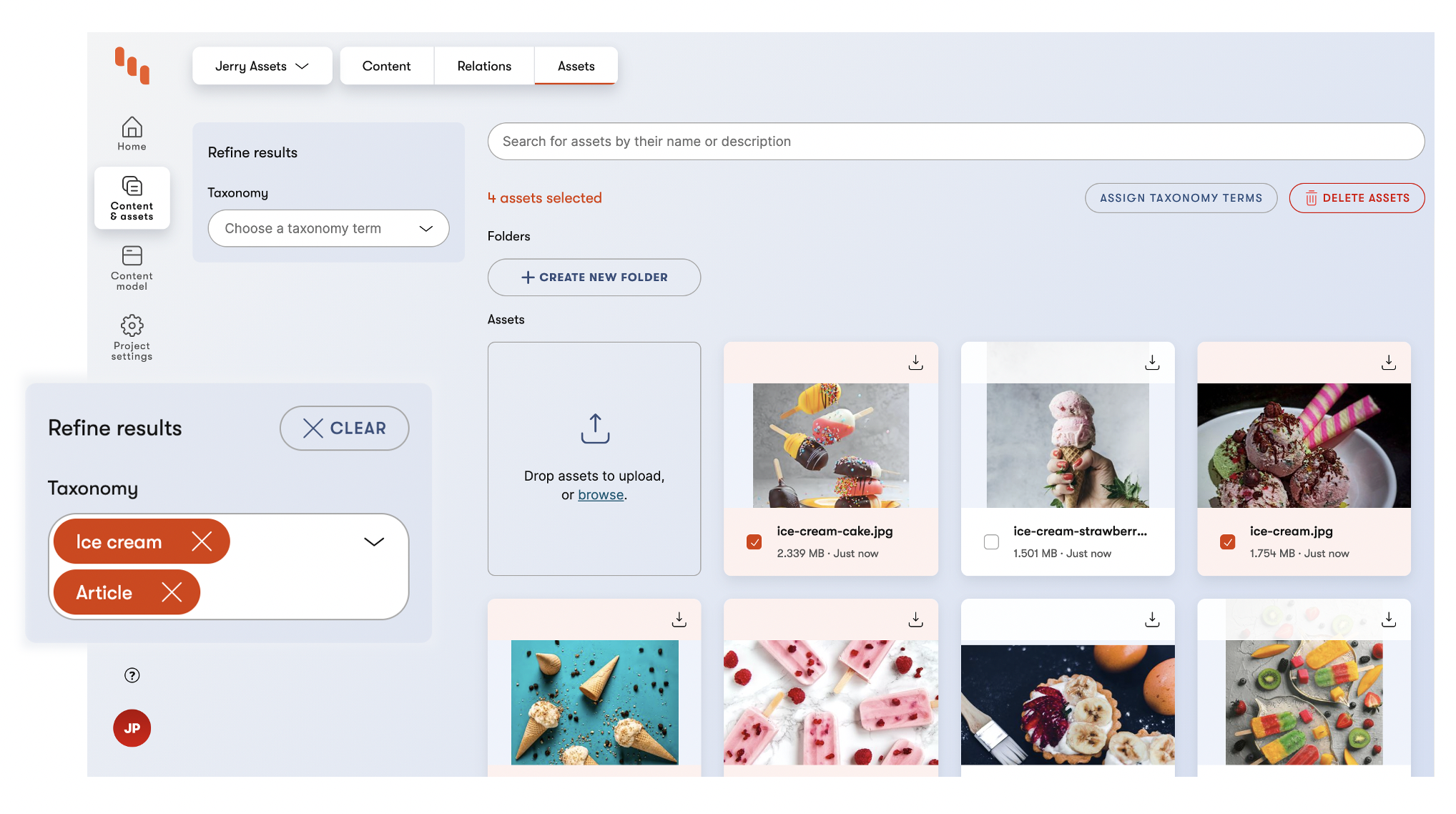 The asset library in Kontent by Kentico helps your organize your assets using taxonomies.