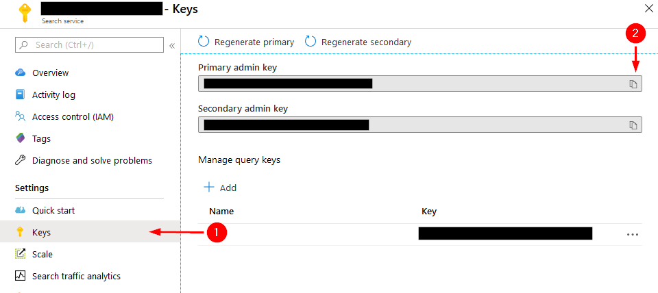 Screenshot of where to find admin keys for Azure Cognitive Search Service in Azure Portal