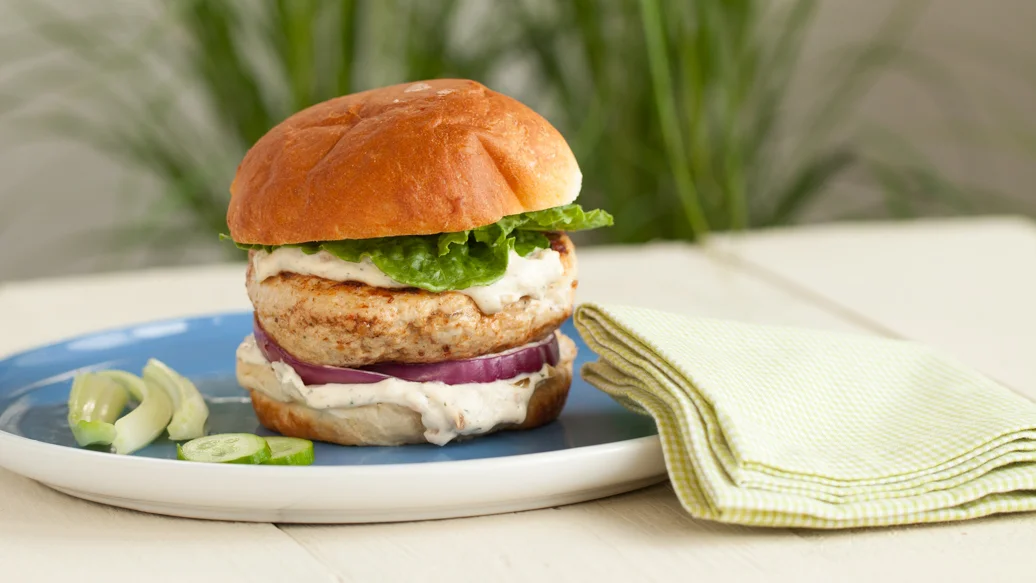 Montreal Chicken Burger with French Onion Sauce