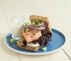 Grilled Salmon Burger with Cucumber and Lemon Dilly Sauce