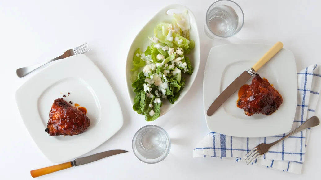 Buffalo Chicken Thighs with Celery and Blue Cheese Salad
