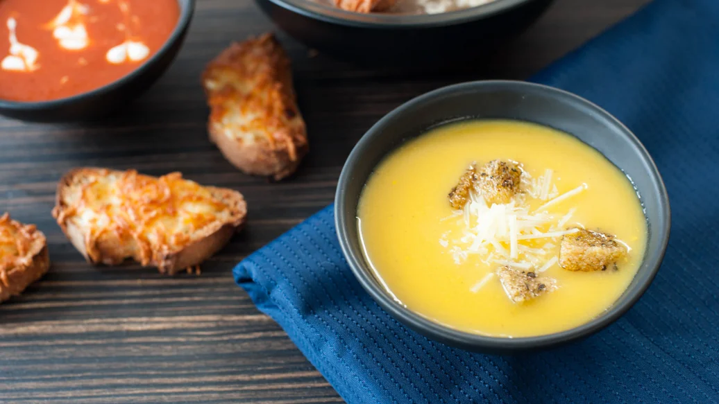 Harvest Pumpkin Soup with Swiss Cheese & Garlic Croutons