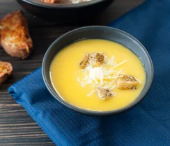 Harvest Pumpkin Soup with Swiss Cheese & Garlic Croutons