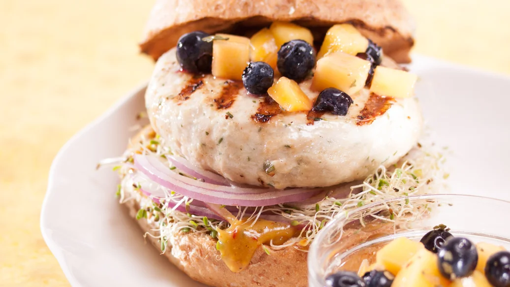 Chicken Burgers with Mango and Blueberry Salsa