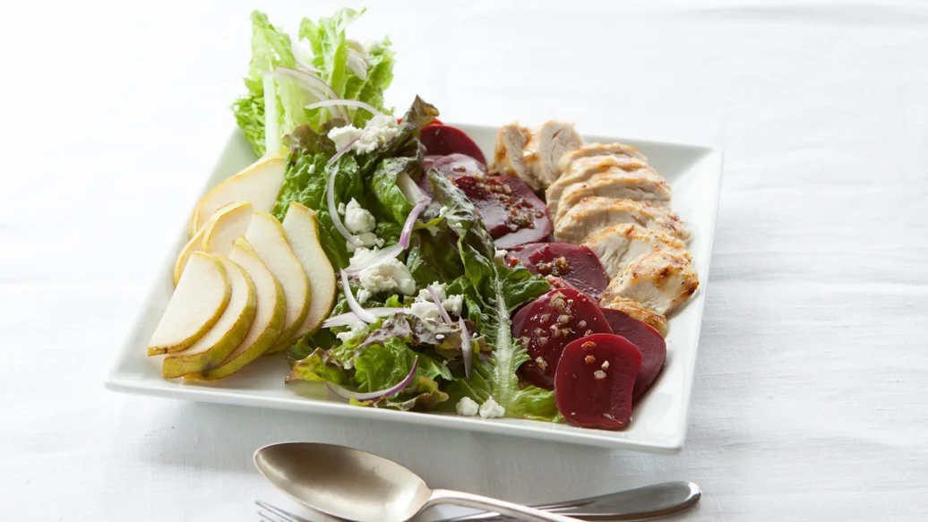 Beet, Pear and Goat Cheese Salad with Grilled Chicken