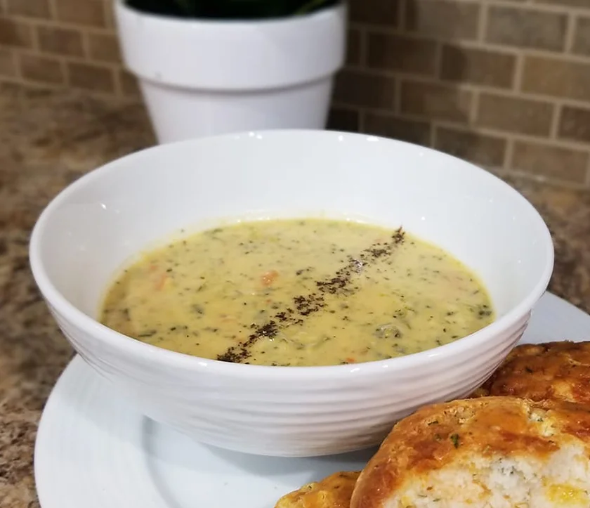 Potato & Broccoli Cheddar Soup with Herb & Cheddar Biscuits 