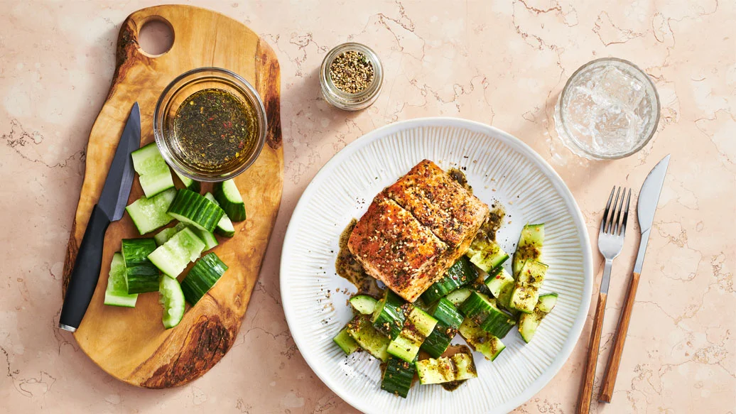 Salmon with Smashed Cucumber Salad