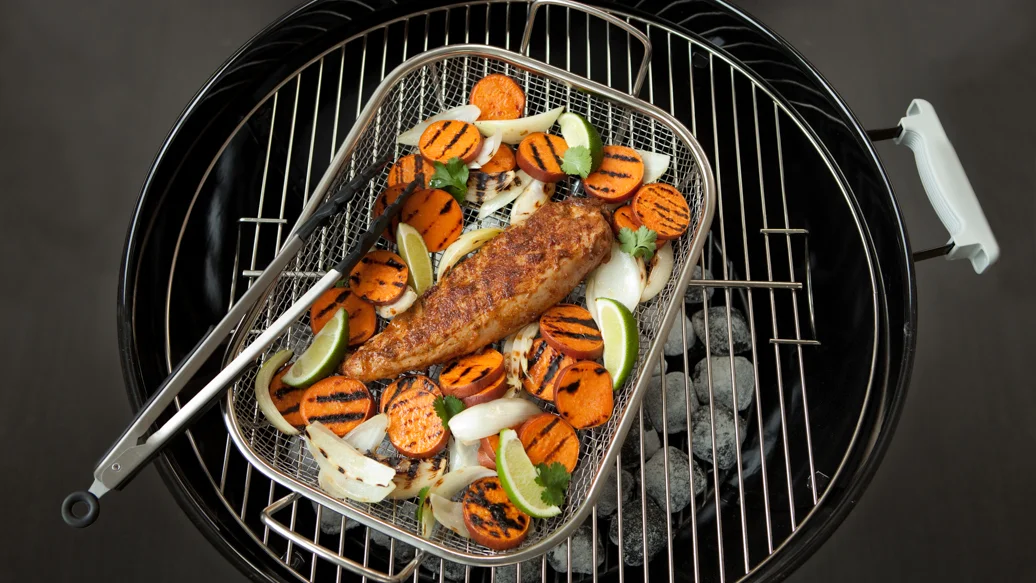 Grilled Adobo Pork Tenderloin with Barbecued Sweet Potatoes