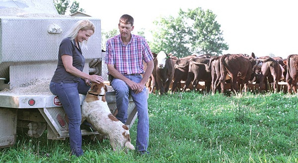 homem e mulher em um campo de vacas com um cachorro pulando na frente da mulher e sorrindo
