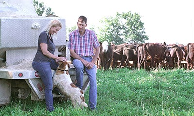 Un homme et une femme se tiennent dans un champ devant des vaches. La femme caresse son chien et sourit.