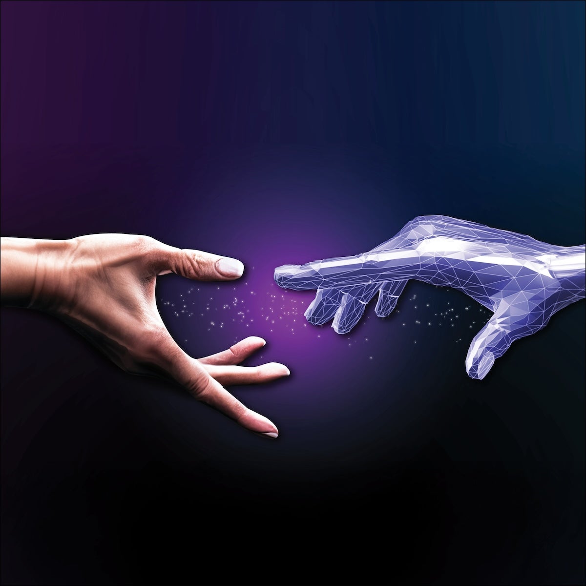A human hand reaches out towards a blue, digital-looking hand
