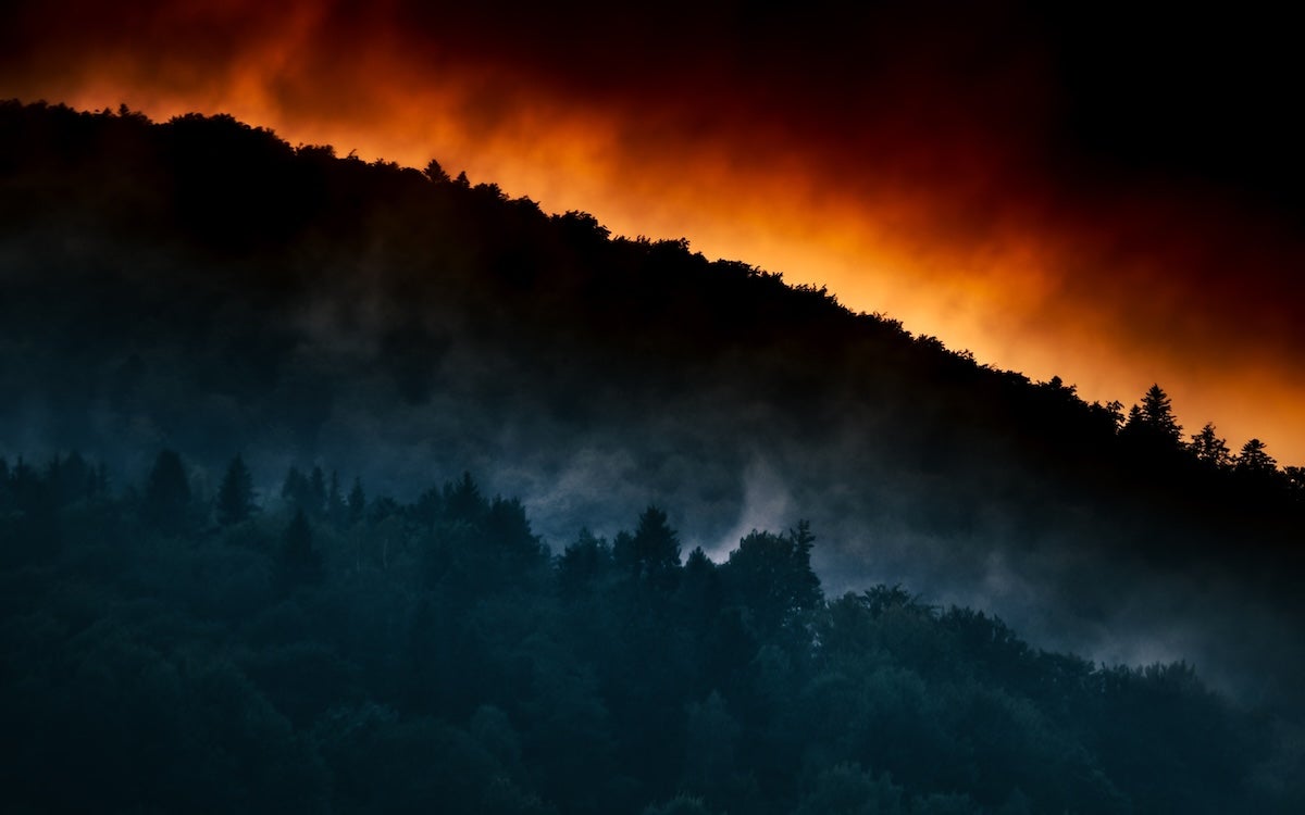 A wildfire behind a tree-covered hill