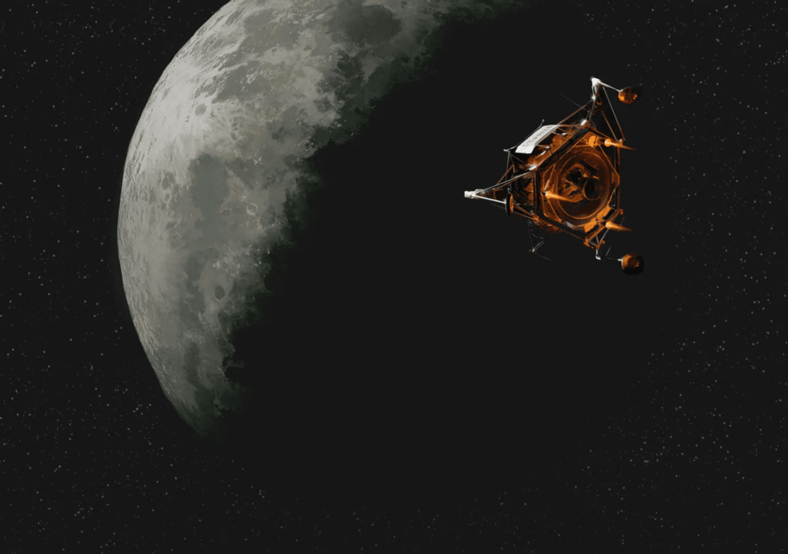 A lunar lander in front of the Moon, in space