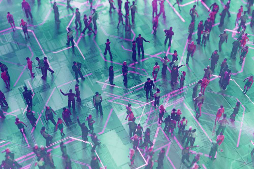 A group of people from above standing on a green landscape, connected by purple lines