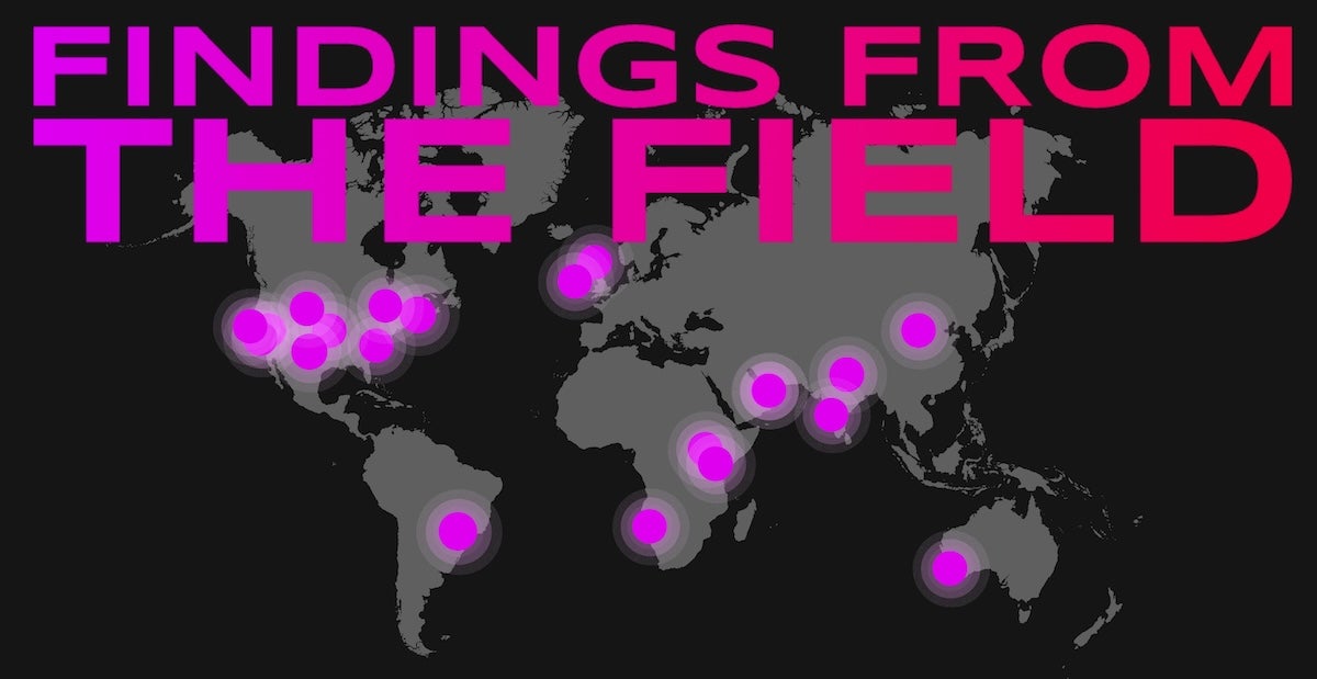 A black and gray map of the globe with a fuschia dot representing each of the locations of the 20 XPRIZE Carbon Removal finalists' test sites. Above that reads 