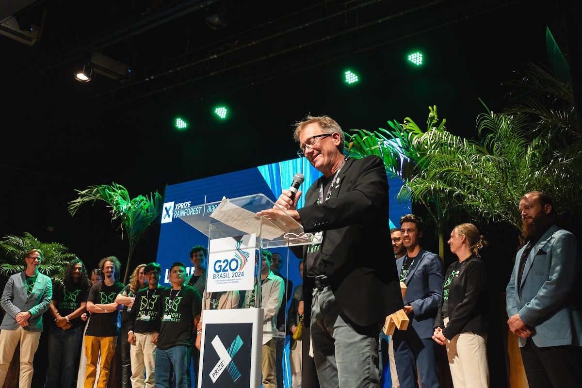 Thomas Walla, PhD, team leader of Limelight Rainforest, speaks during the XPRIZE Rainforest awards ceremony.
