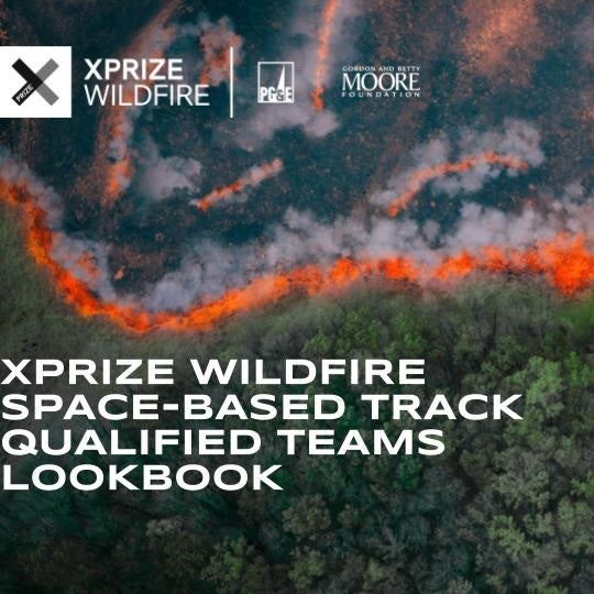 A wildfire from above with the words "XPRIZE WILDFIRE SPACE-BASED TRACK QUALIFIED TEAMS LOOKBOOK"