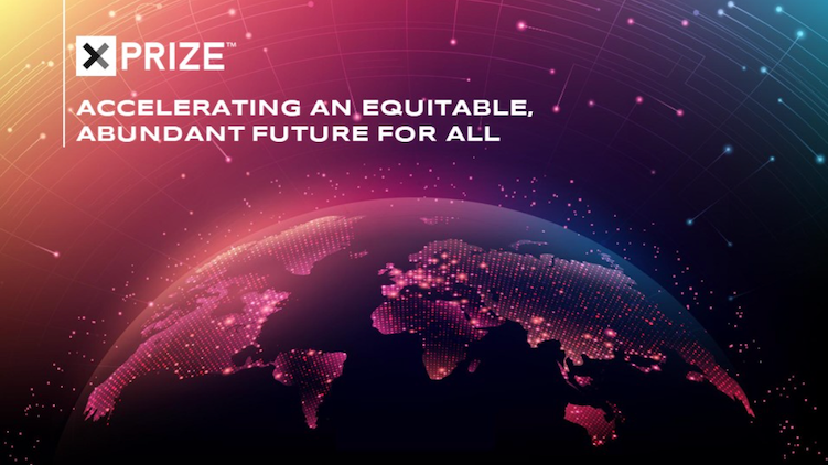 The Earth from space overlaid with a rainbow. XPRIZE's logo and mission statement are above the Earth.