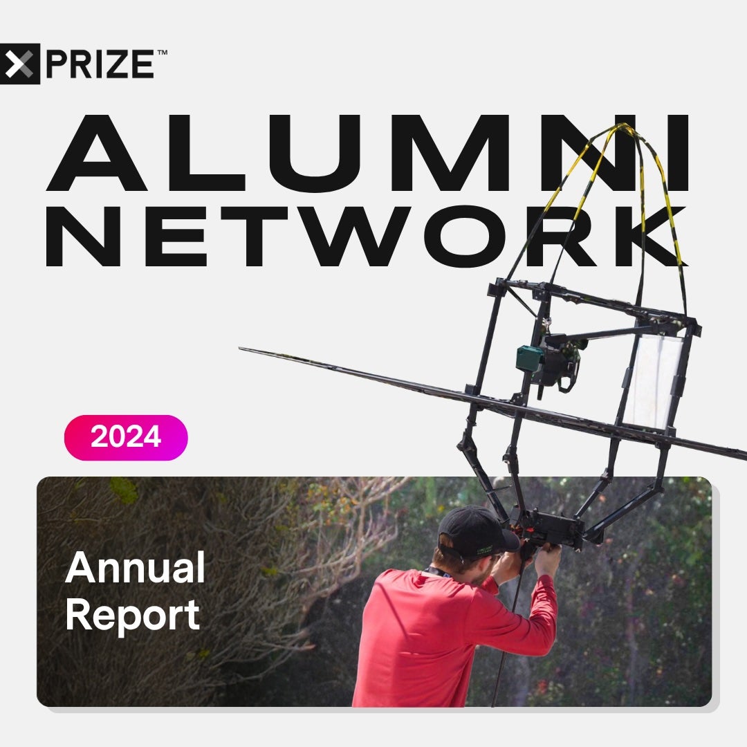 A man holding a specialized drone with recording equipment, along with the words "XPRIZE ALUMNI NETWORK 2024 ANNUAL REPORT"