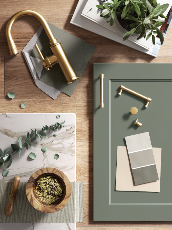 A flat lay of green, white, and gold kitchen hardware.